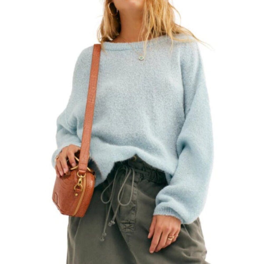 Free People Women's Angelic Balloon Sleeve Sweater in Neo Mint Blue Size XS